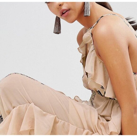 TJD The Jetset Diaries Sz S Beige Ruffled Floral Print Long Maxi Dress V Neck - Picture 10 of 16